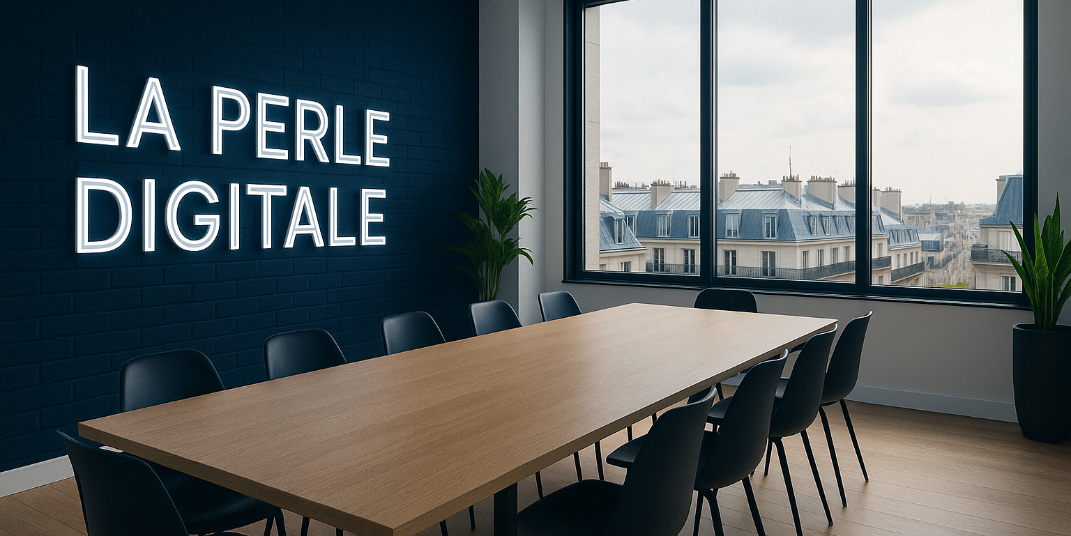 Salle de réunion moderne de l’agence La Perle Digitale à Paris avec vue sur les toits haussmanniens.