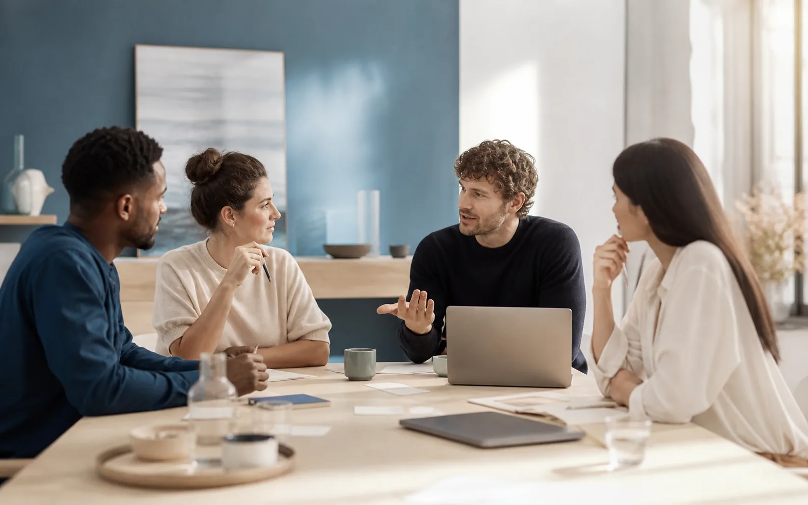 Photographie de simulation d’une équipe en atelier de stratégie autour d’une table.