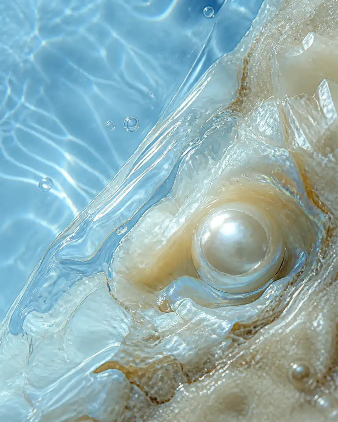 Simulation artistique de matières nacrées traversées par une lumière azur sous l’eau